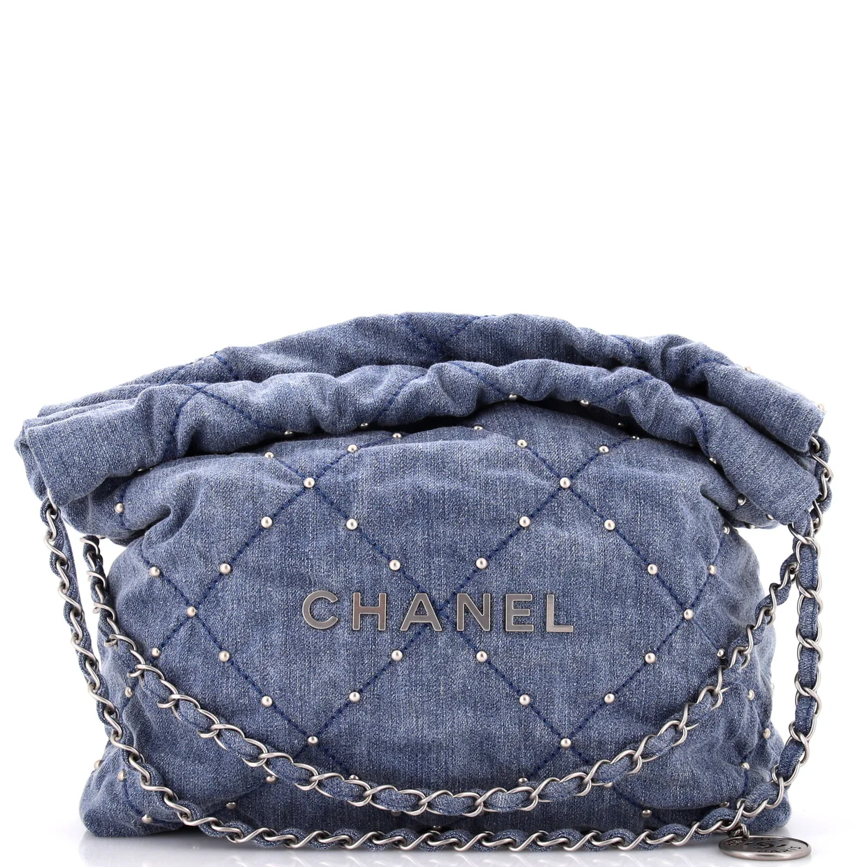 22 Chain Hobo Quilted Studded Denim Small - Deep Luxury