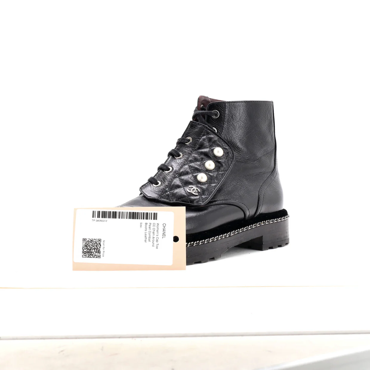 Women's Cap Toe CC Chain Around Pearl Combat Boots Leather - Deep Luxury