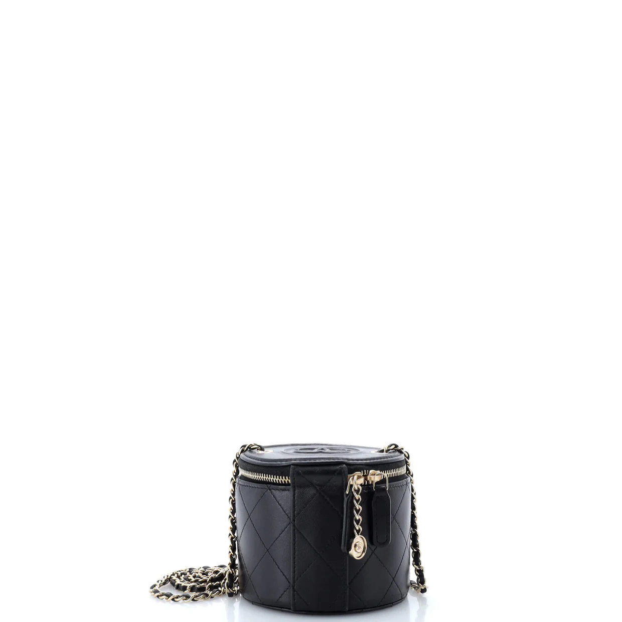 CC Round Vanity Case with Chain Quilted Lambskin Mini - Deep Luxury