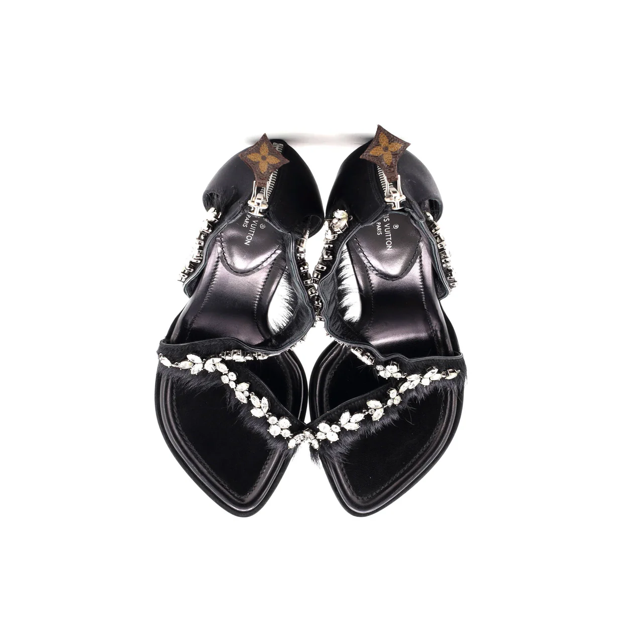 Women's Strap Heeled Sandals Crystal Embellished Satin with Calf Hair - Deep Luxury