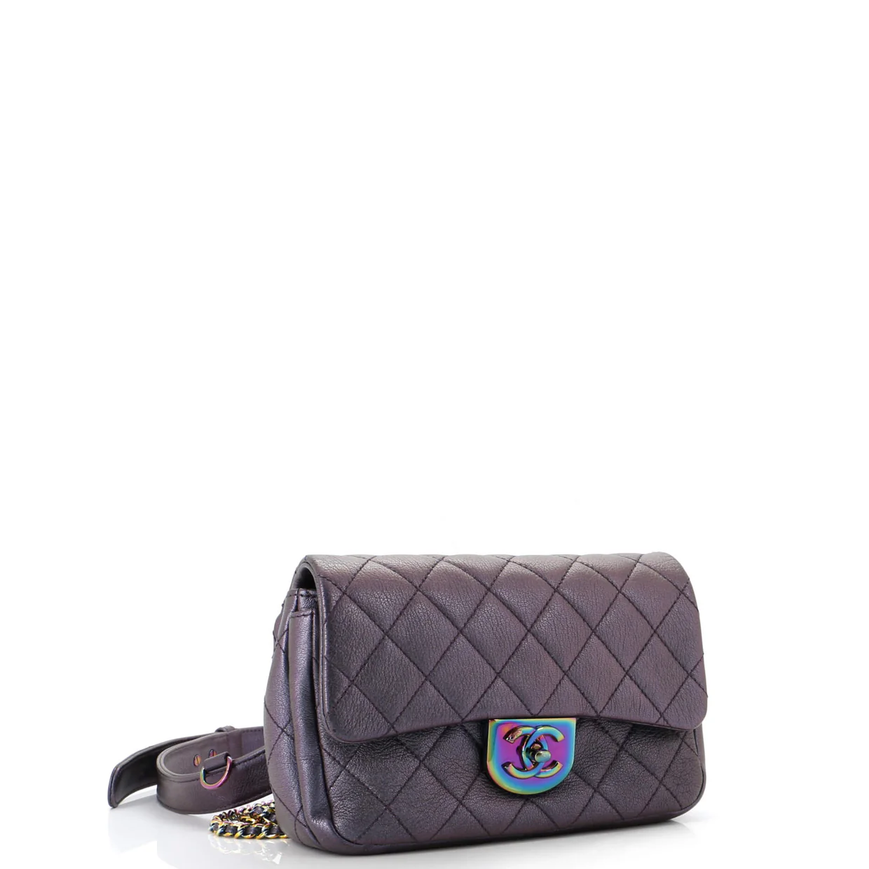 Double Carry Chain Waist Bag Quilted Iridescent Goatskin Small - Deep Luxury