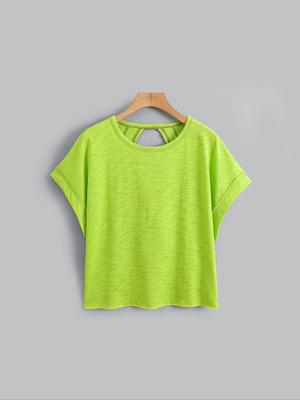 Women's Plain Cut Out Asymmetrical Hem Batwing Sleeve Tee, Elegant Casual Short Sleeve Round Neck T-Shirt for Summer, Ladies Clothes for Daily Wear