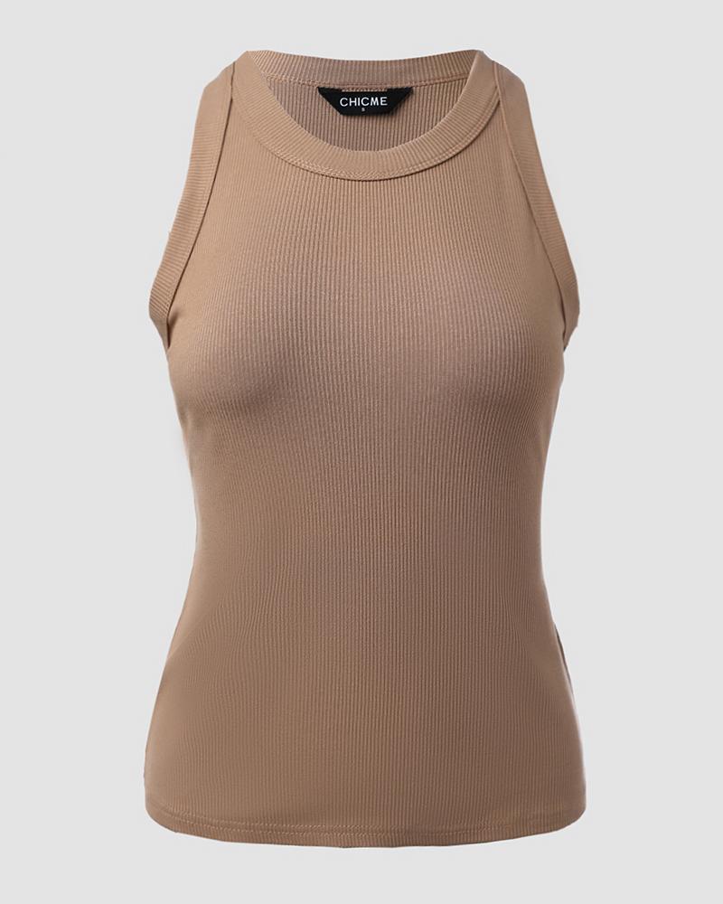 O-Neck Knit Sleeveless Basic Slim Fit Tummy Control Tank Casual Top(Without Pads)