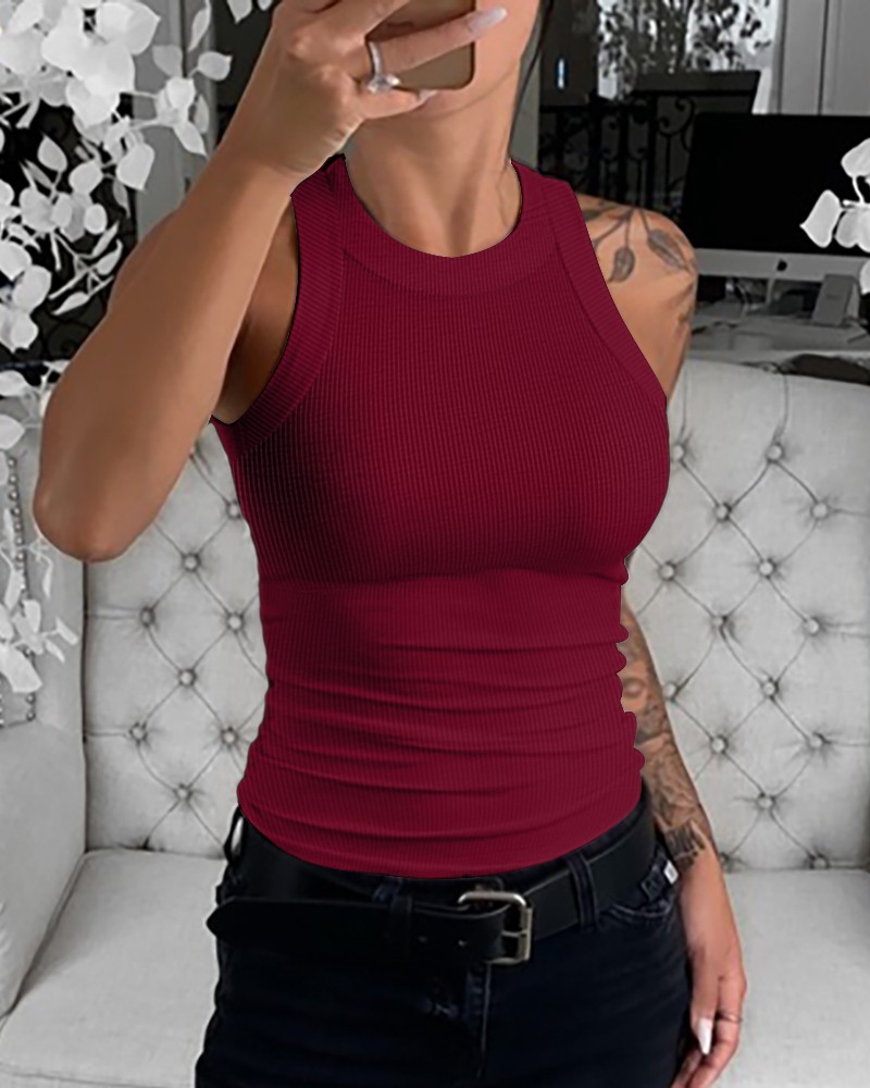O-Neck Knit Sleeveless Basic Slim Fit Tummy Control Tank Casual Top(Without Pads)