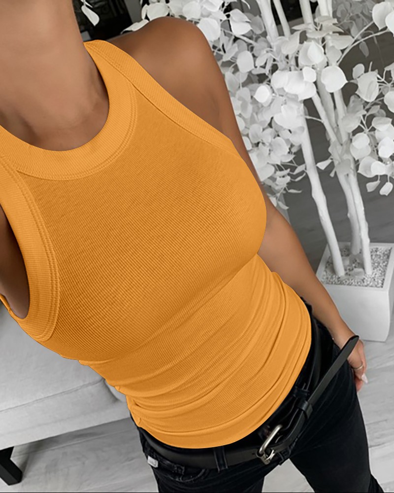 O-Neck Knit Sleeveless Basic Slim Fit Tummy Control Tank Casual Top(Without Pads)