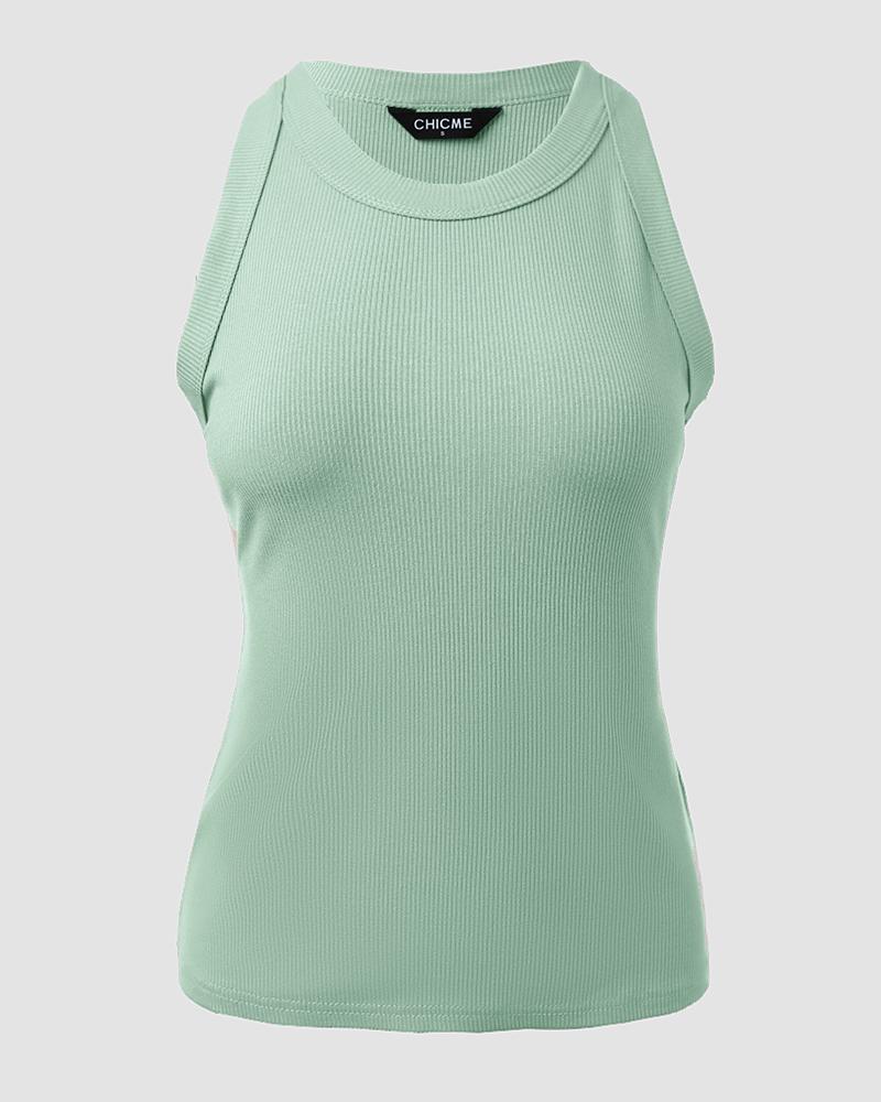 O-Neck Knit Sleeveless Basic Slim Fit Tummy Control Tank Casual Top(Without Pads)
