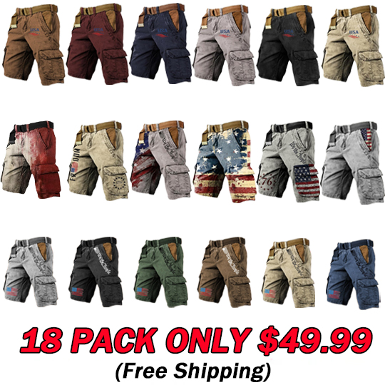 Men's Vintage Flag Independence Day Multi-Pocket Print Cargo Shorts (Belt Included)