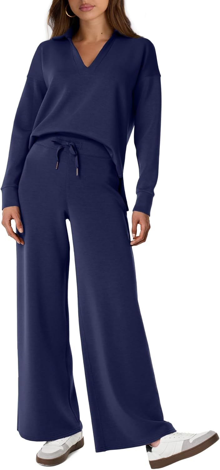 Women's 2 Piece Sets Outfits Casual Long Sleeve Sweatsuits Polo Top and Wide Leg Pants Matching Sets
