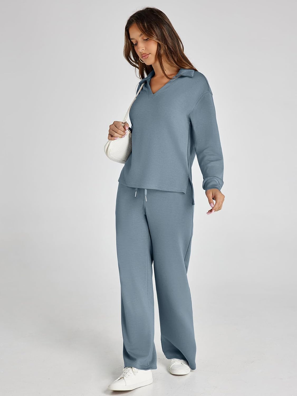 Women's 2 Piece Sets Outfits Casual Long Sleeve Sweatsuits Polo Top and Wide Leg Pants Matching Sets