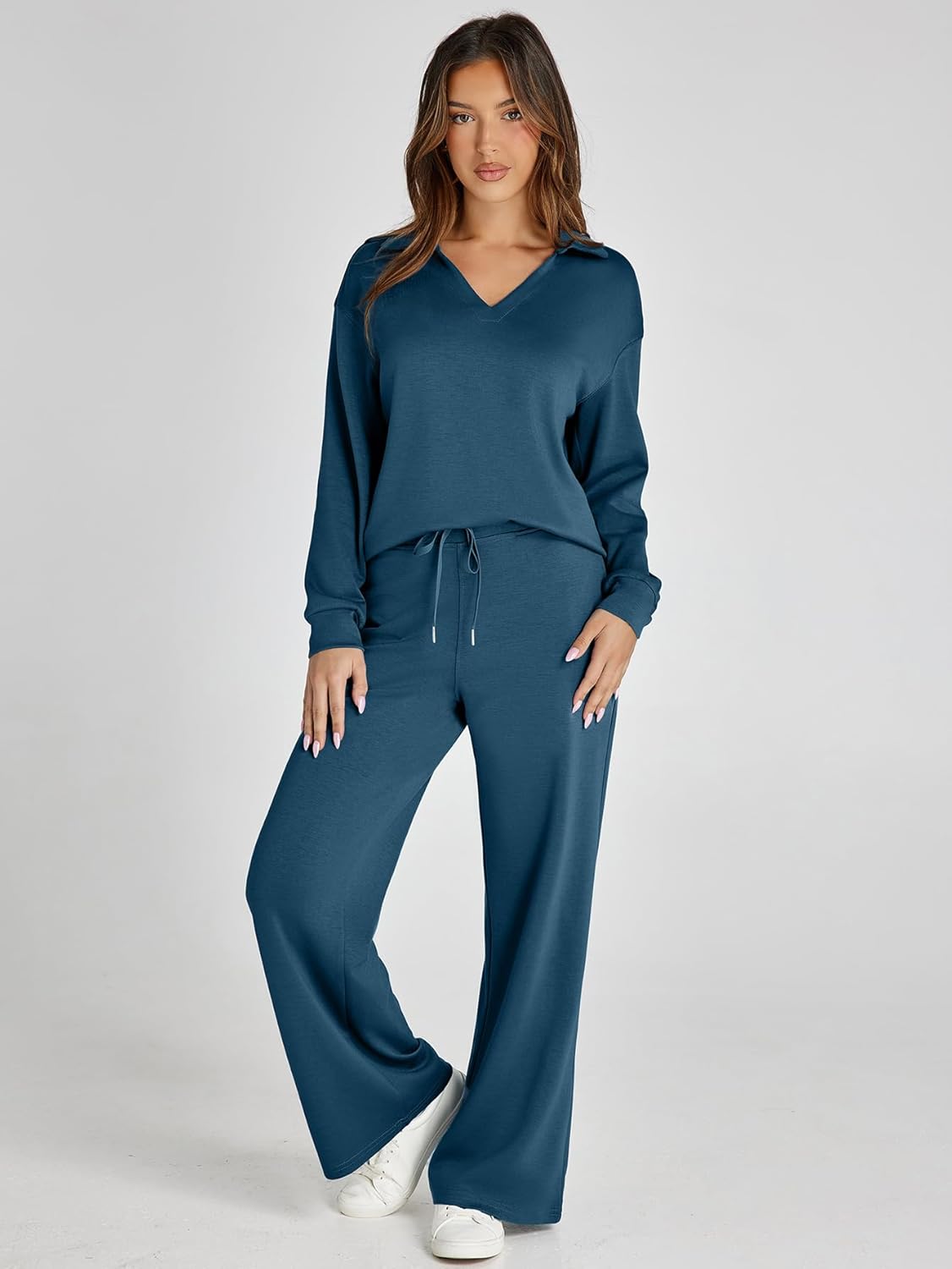 Women's 2 Piece Sets Outfits Casual Long Sleeve Sweatsuits Polo Top and Wide Leg Pants Matching Sets