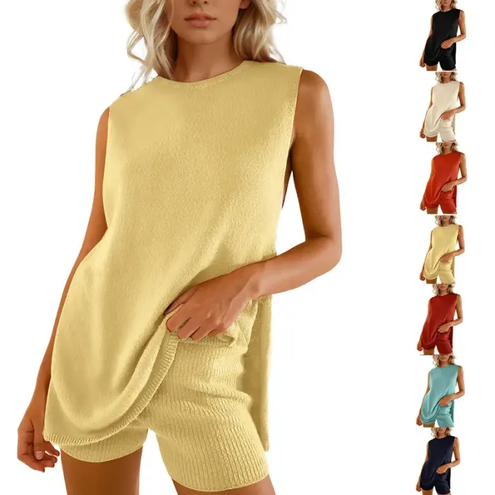 š„Women's Summer Sweater Set Sleeveless Knit Pullover Top Matching Shorts 2 Piece Beach Vacation Outfits