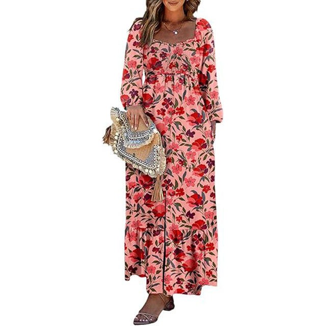š„2025 CRAZY DEALš„Spring Dresses for Women 2025 Boho Floral Smocked Square Neck Long Sleeve Button Down Beach Long Maxi Dress