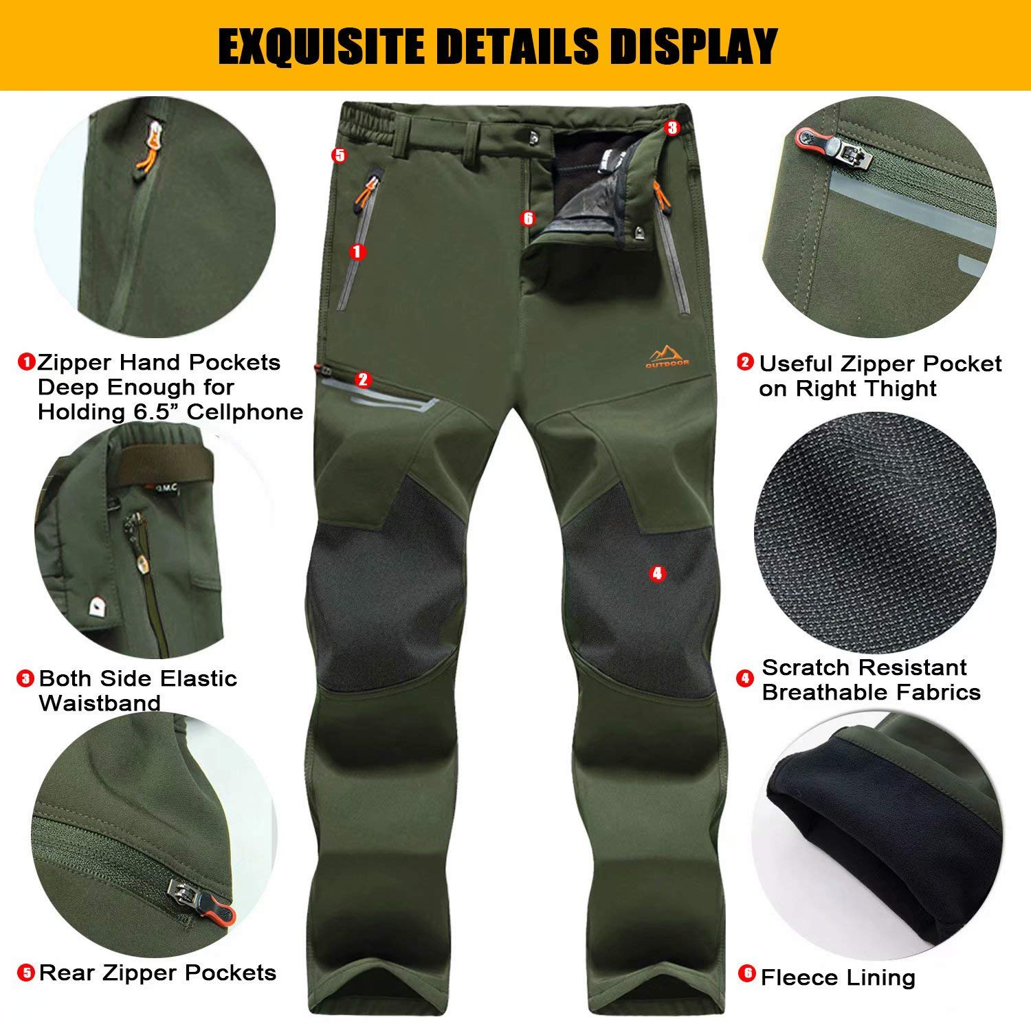 Men's Fleece-Lined Winter Ski Pants โ Water-Resistant with 4 Zip Pockets