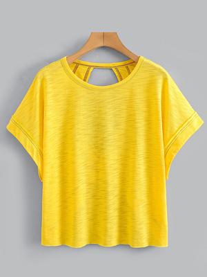 Women's Plain Cut Out Asymmetrical Hem Batwing Sleeve Tee, Elegant Casual Short Sleeve Round Neck T-Shirt for Summer, Ladies Clothes for Daily Wear