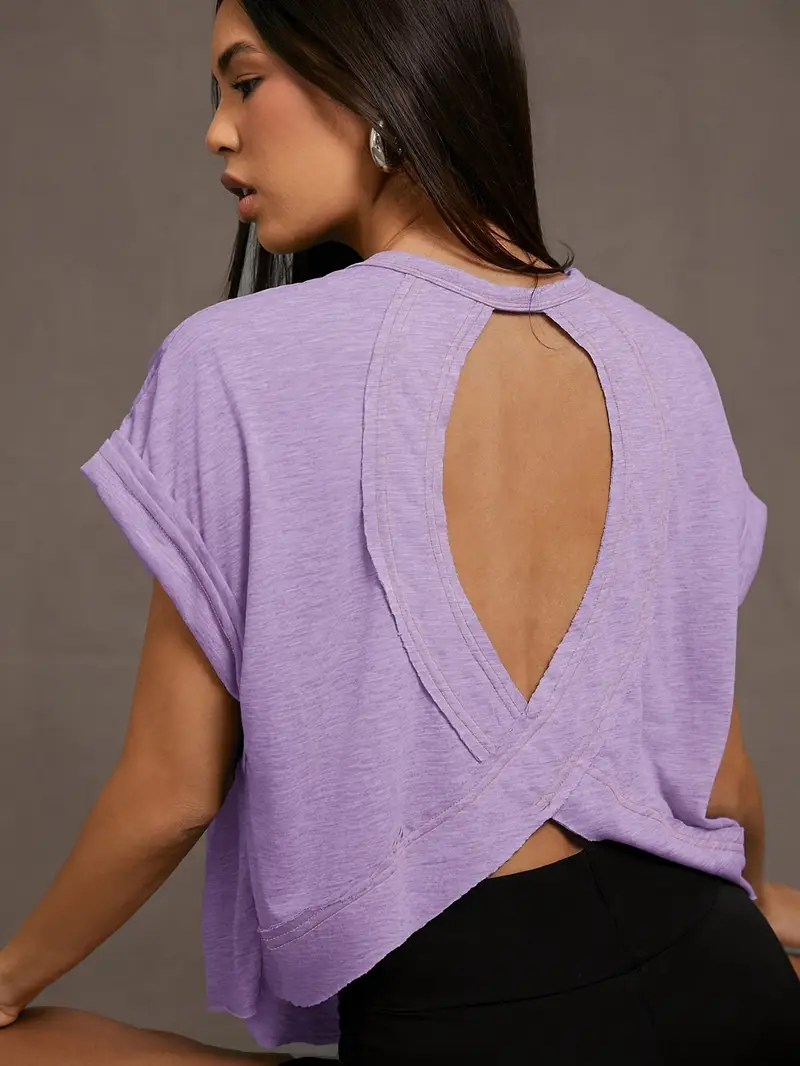 Women's Plain Cut Out Asymmetrical Hem Batwing Sleeve Tee, Elegant Casual Short Sleeve Round Neck T-Shirt for Summer, Ladies Clothes for Daily Wear