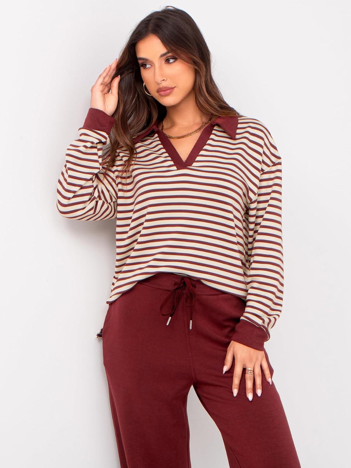 Women's 2 Piece Sets Outfits Casual Long Sleeve Sweatsuits Polo Top and Wide Leg Pants Matching Sets