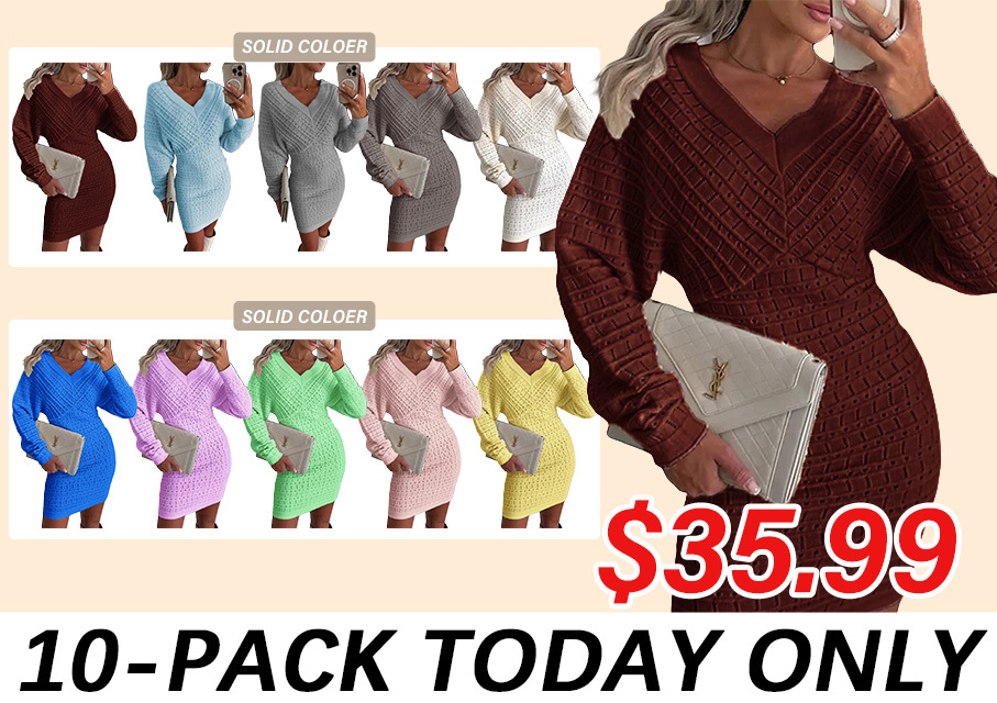 Women V Neck Knit Sweater Dress Pullover Hollow Out Casual Batwing Sleeve
