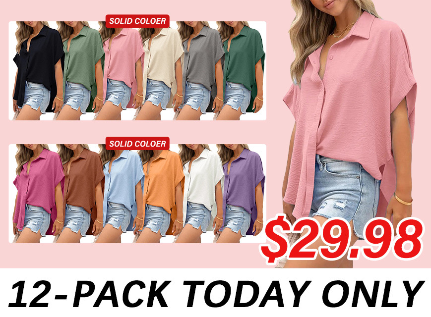 Women's Casual Button Short Sleeve Slit Hem Shirt Solid Color Tops