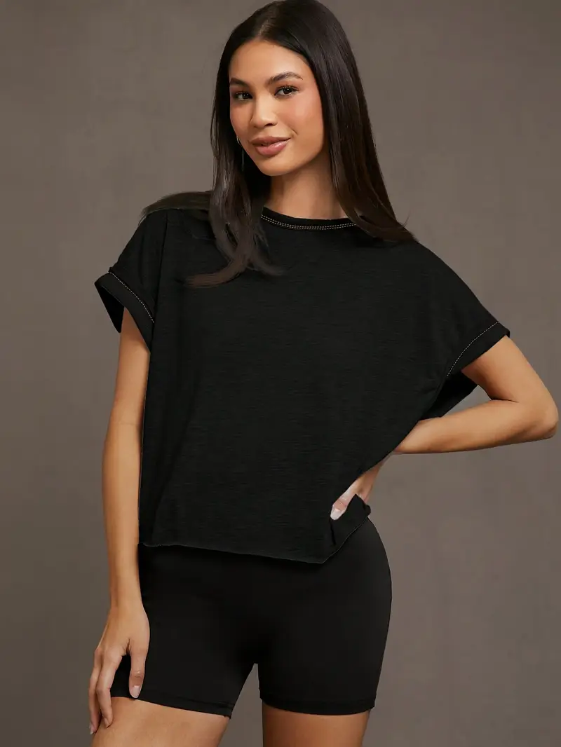 Women's Plain Cut Out Asymmetrical Hem Batwing Sleeve Tee, Elegant Casual Short Sleeve Round Neck T-Shirt for Summer, Ladies Clothes for Daily Wear