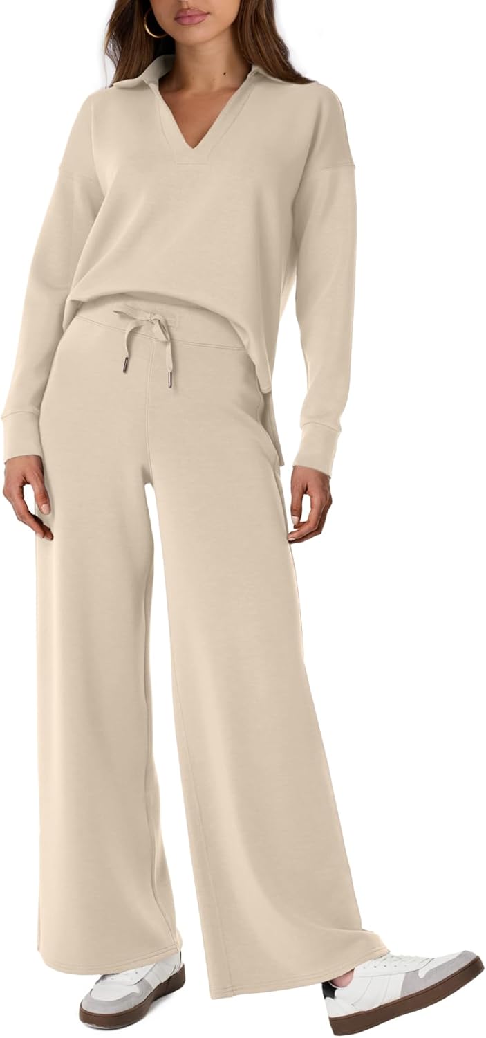 Women's 2 Piece Sets Outfits Casual Long Sleeve Sweatsuits Polo Top and Wide Leg Pants Matching Sets