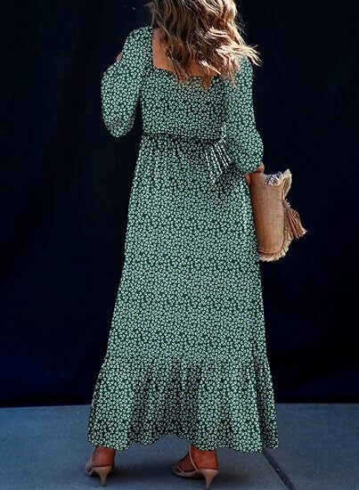 š„2025 CRAZY DEALš„Spring Dresses for Women 2025 Boho Floral Smocked Square Neck Long Sleeve Button Down Beach Long Maxi Dress