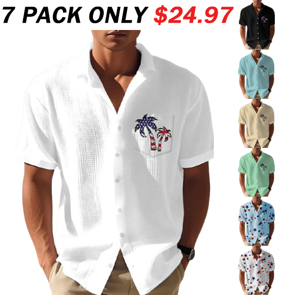 Men's Casual Flag Independence Day Coconut Tree Print Waffle Men's Shirt