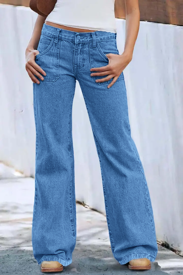 Wash Raw Hem Flap Pocket Wide Leg Low Rise Jeans