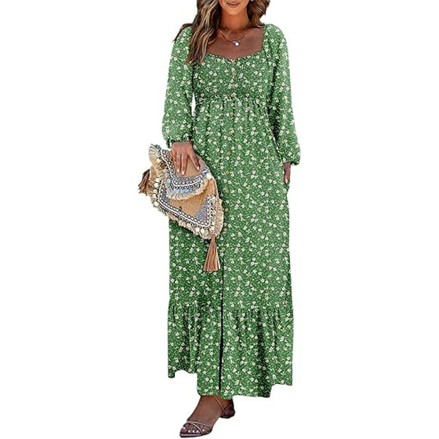 š„2025 CRAZY DEALš„Spring Dresses for Women 2025 Boho Floral Smocked Square Neck Long Sleeve Button Down Beach Long Maxi Dress