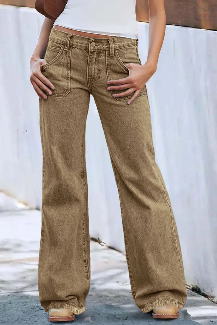 Wash Raw Hem Flap Pocket Wide Leg Low Rise Jeans