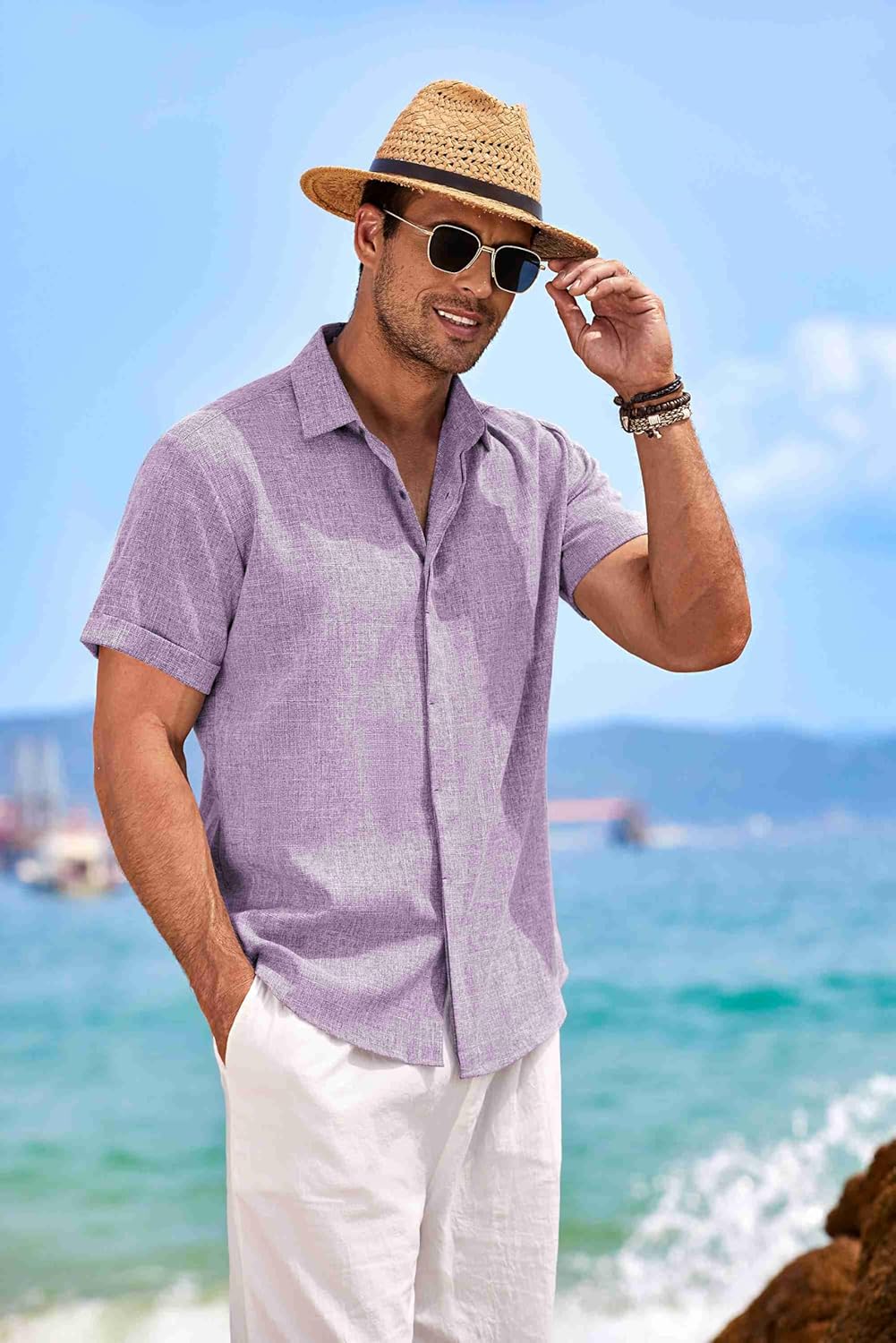 Men's Linen Shirts Short Sleeve Casual Shirts Button Down Shirt for Men Beach Summer Wedding Shirt