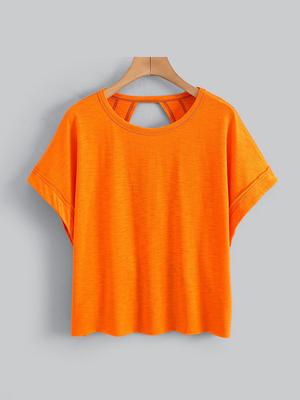Women's Plain Cut Out Asymmetrical Hem Batwing Sleeve Tee, Elegant Casual Short Sleeve Round Neck T-Shirt for Summer, Ladies Clothes for Daily Wear