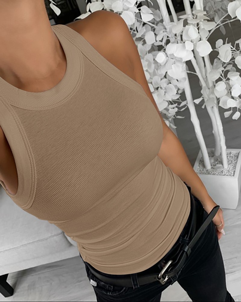 O-Neck Knit Sleeveless Basic Slim Fit Tummy Control Tank Casual Top(Without Pads)