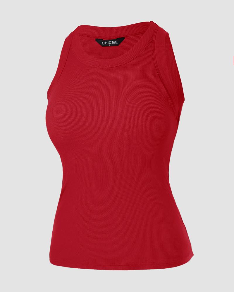 O-Neck Knit Sleeveless Basic Slim Fit Tummy Control Tank Casual Top(Without Pads)