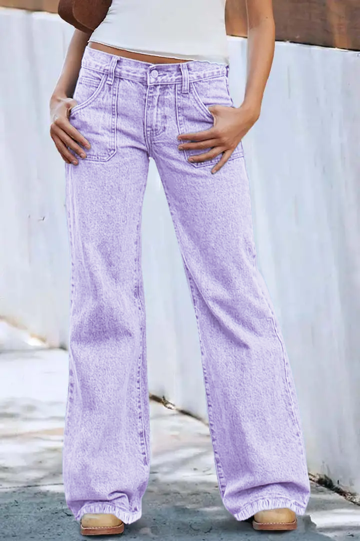 Wash Raw Hem Flap Pocket Wide Leg Low Rise Jeans