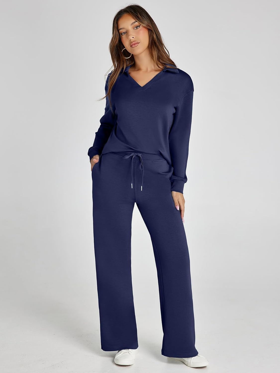 Women's 2 Piece Sets Outfits Casual Long Sleeve Sweatsuits Polo Top and Wide Leg Pants Matching Sets