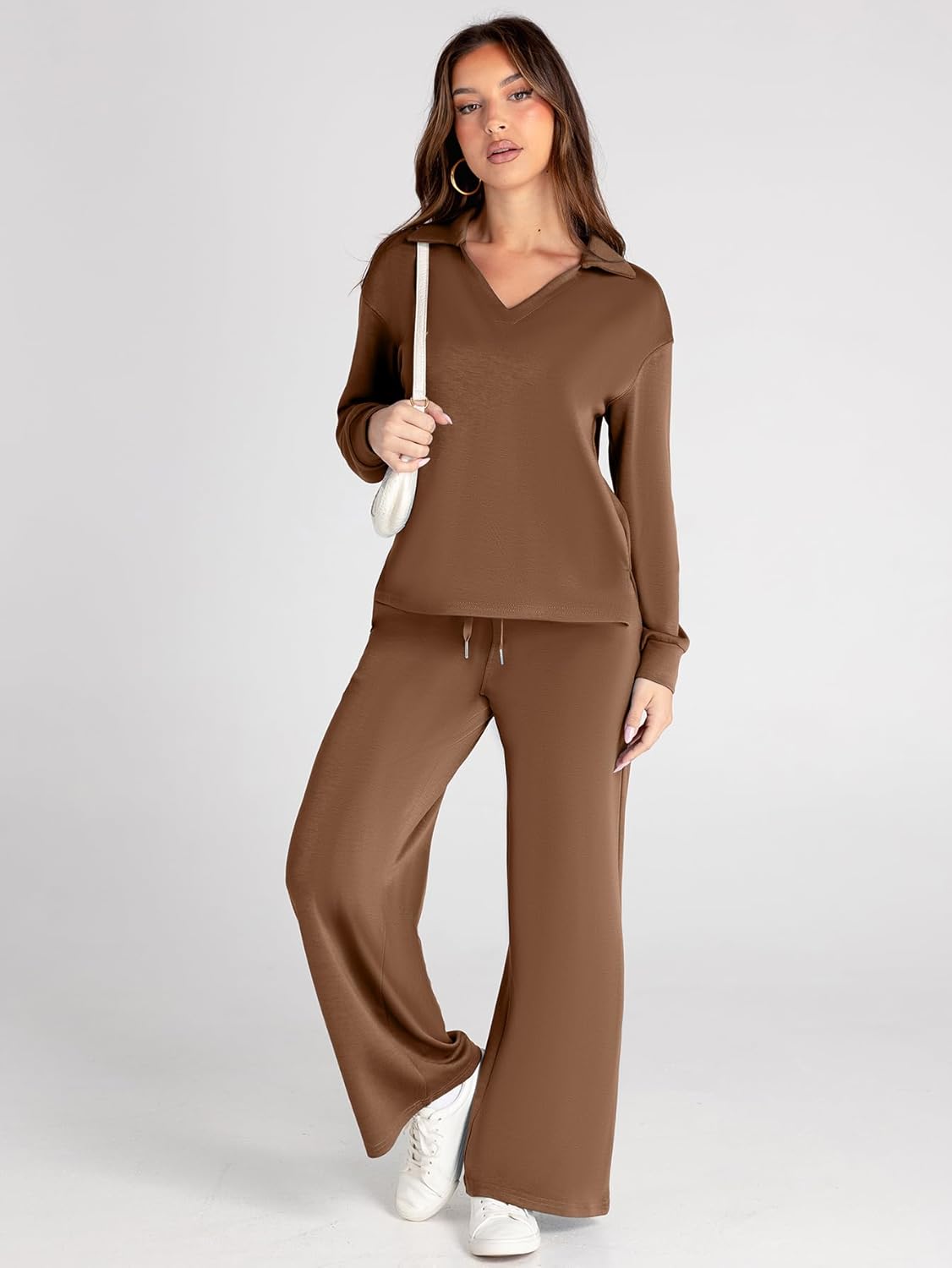 Women's 2 Piece Sets Outfits Casual Long Sleeve Sweatsuits Polo Top and Wide Leg Pants Matching Sets