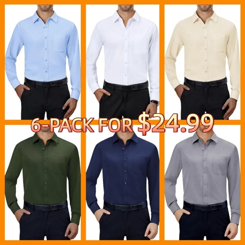 💪Mens Dress Shirts 4-Way Stretch Long Sleeve Collared Casual Solid Wedding Dating Button Down Shirt