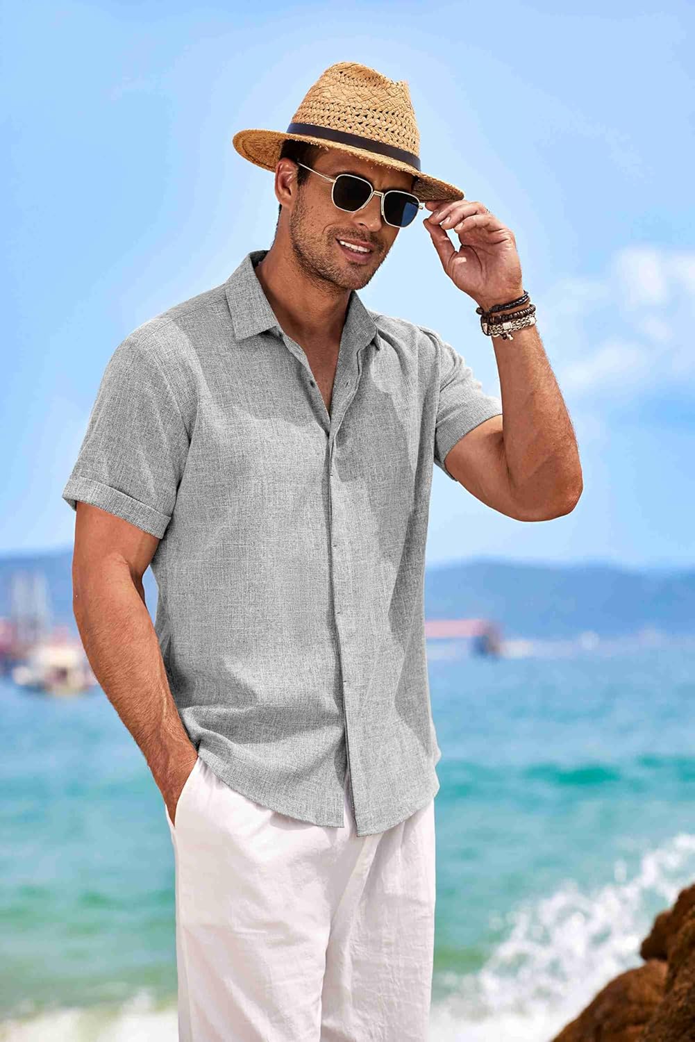 Men's Linen Shirts Short Sleeve Casual Shirts Button Down Shirt for Men Beach Summer Wedding Shirt