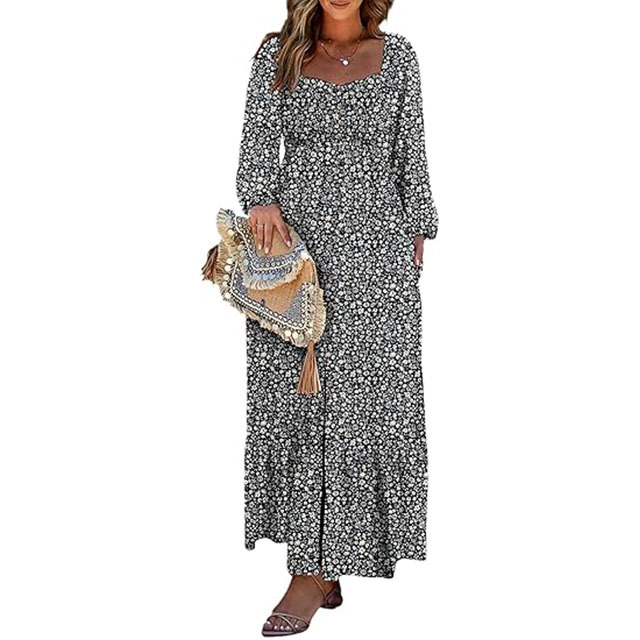 š„2025 CRAZY DEALš„Spring Dresses for Women 2025 Boho Floral Smocked Square Neck Long Sleeve Button Down Beach Long Maxi Dress