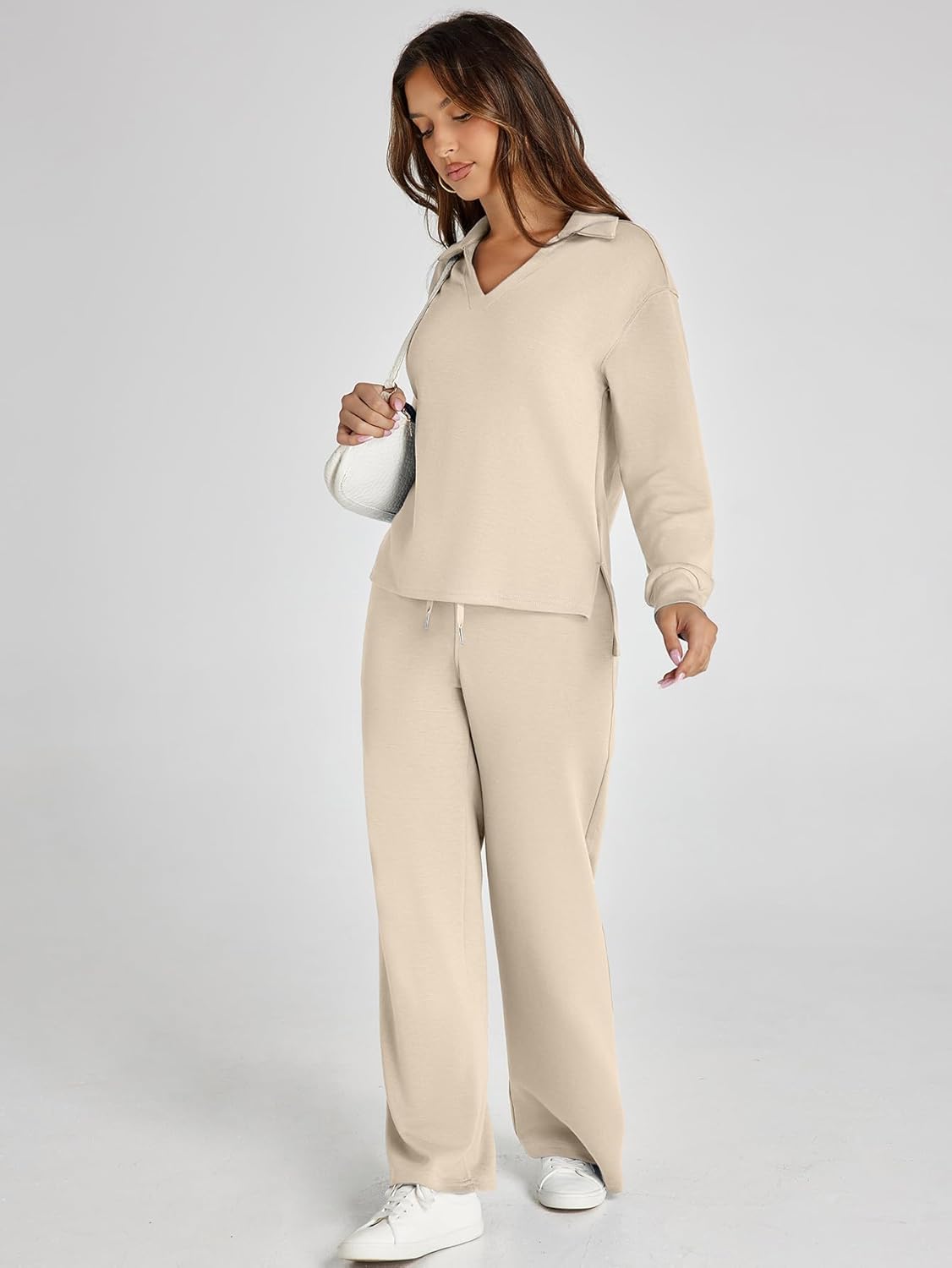 Women's 2 Piece Sets Outfits Casual Long Sleeve Sweatsuits Polo Top and Wide Leg Pants Matching Sets