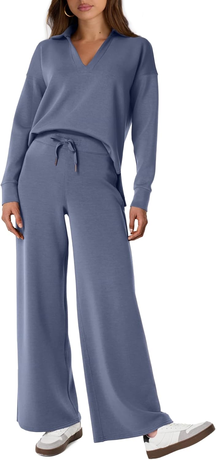 Women's 2 Piece Sets Outfits Casual Long Sleeve Sweatsuits Polo Top and Wide Leg Pants Matching Sets