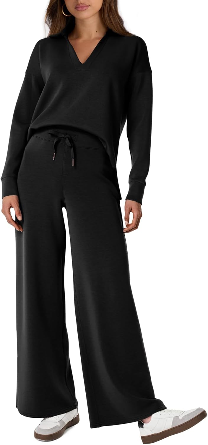 Women's 2 Piece Sets Outfits Casual Long Sleeve Sweatsuits Polo Top and Wide Leg Pants Matching Sets