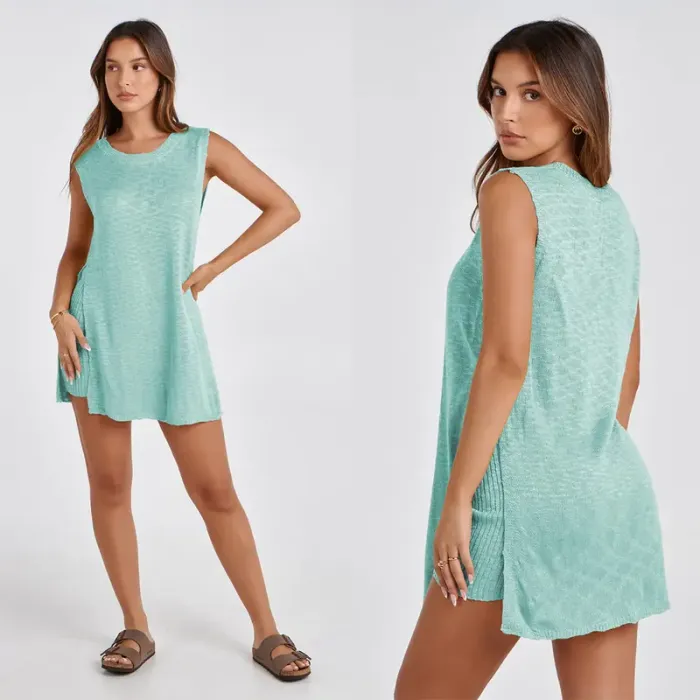 🔥Women's Summer Sweater Set Sleeveless Knit Pullover Top Matching Shorts 2 Piece Beach Vacation Outfits