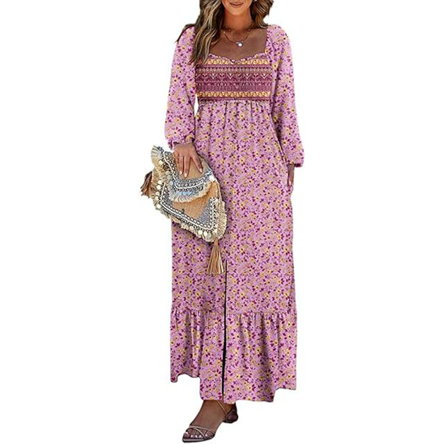 š„2025 CRAZY DEALš„Spring Dresses for Women 2025 Boho Floral Smocked Square Neck Long Sleeve Button Down Beach Long Maxi Dress