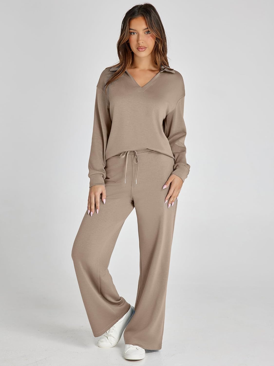 Women's 2 Piece Sets Outfits Casual Long Sleeve Sweatsuits Polo Top and Wide Leg Pants Matching Sets