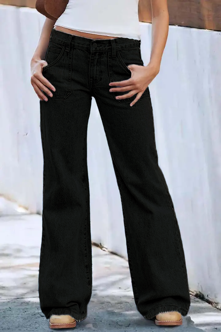 Wash Raw Hem Flap Pocket Wide Leg Low Rise Jeans