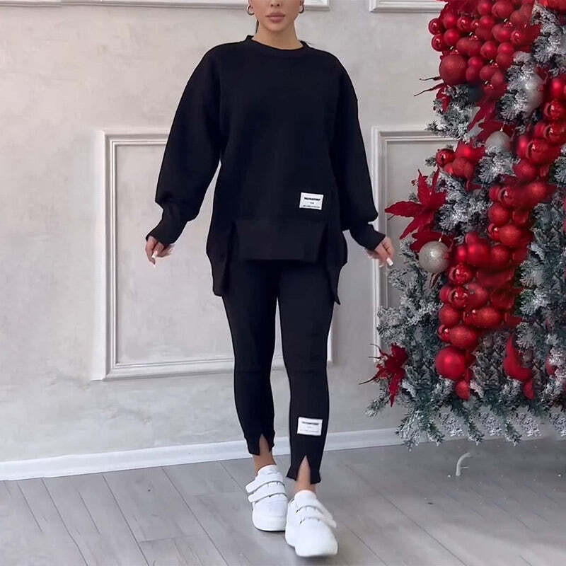 🎉Christmas Deals🎉Women's Casual Solid Color Round Neck Long Sleeve Slit Hem Sweatshirt Leggings Set