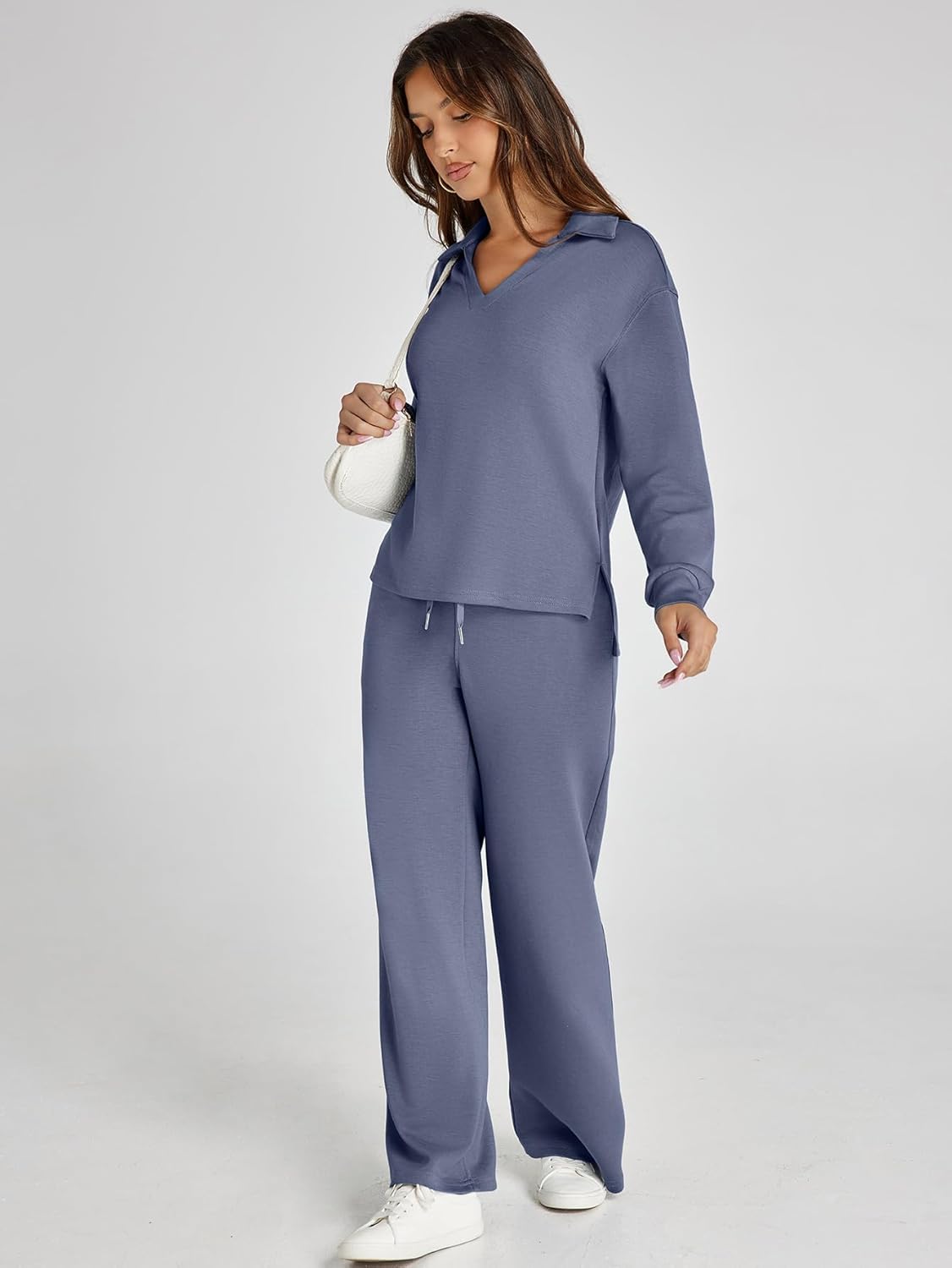 Women's 2 Piece Sets Outfits Casual Long Sleeve Sweatsuits Polo Top and Wide Leg Pants Matching Sets