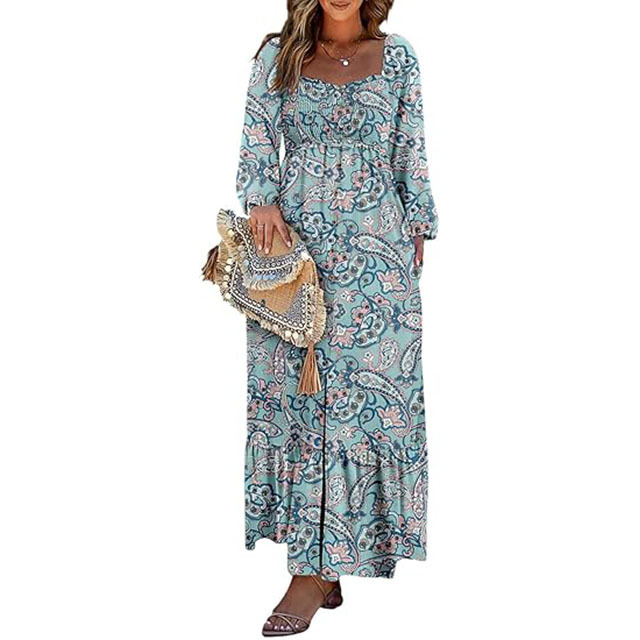 š„2025 CRAZY DEALš„Spring Dresses for Women 2025 Boho Floral Smocked Square Neck Long Sleeve Button Down Beach Long Maxi Dress