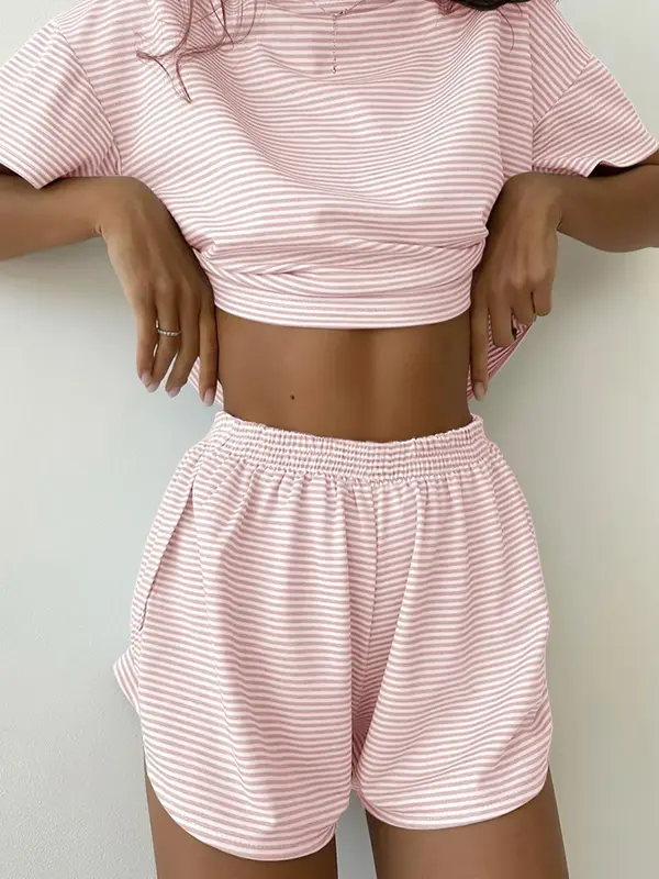 Two-Piece Set Women's Striped Print Drop Shoulder Tee